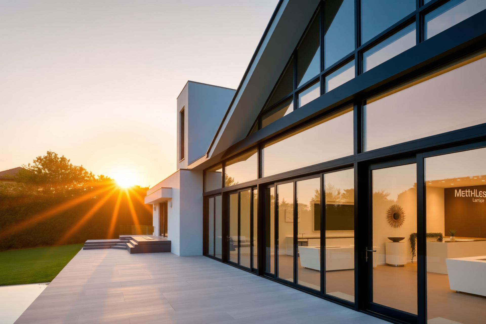 Modern home with floor-to-ceiling glazing at sunset